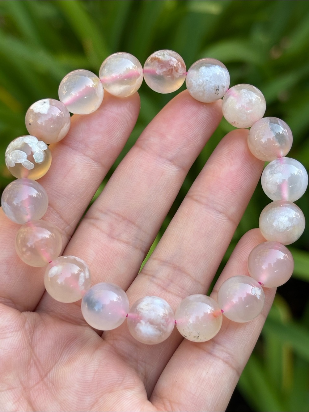 11.5mm Stretchable Pink Translucent Flower Agate Bracelet 2674
